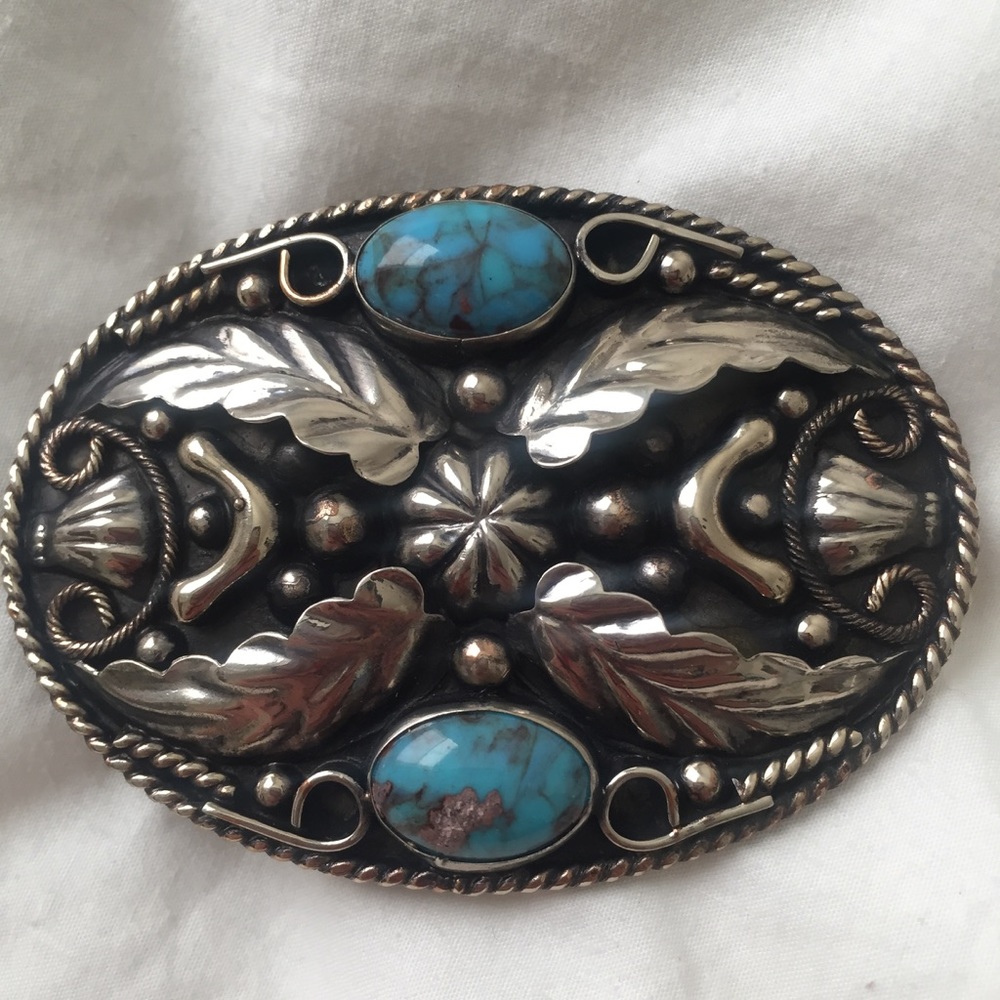 Antiqued Silver belt buckle with turquoise